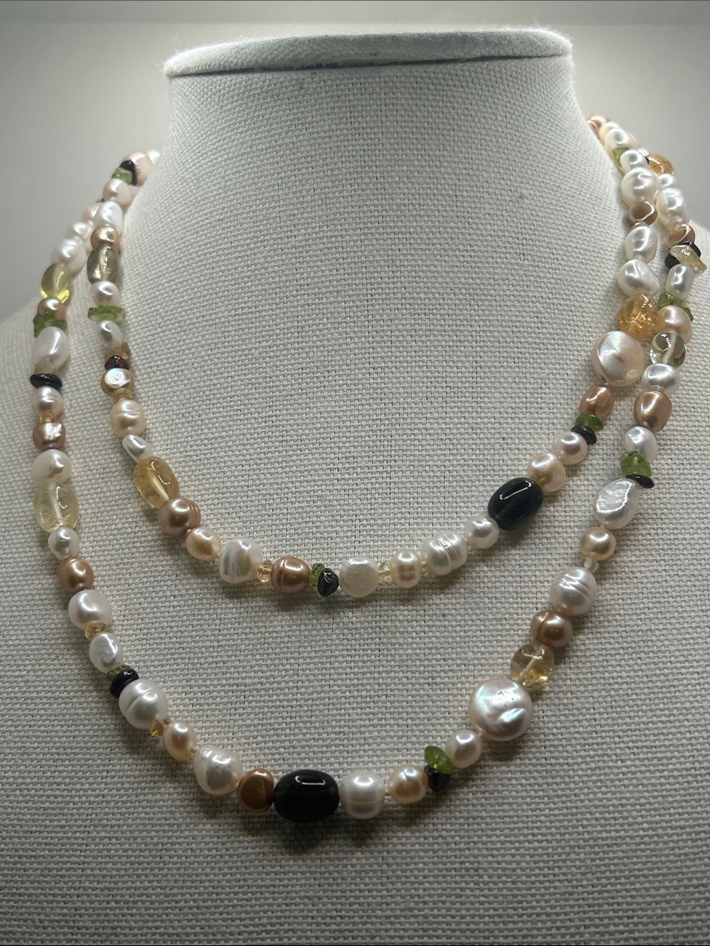 Freshwater Pearl and Multi-Gem Layered Necklace - Cream, Gold & Green
